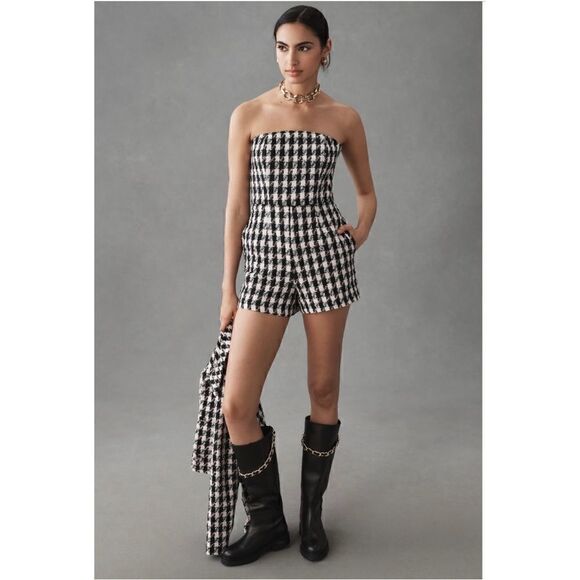 NEW Anthropologie Hutch Black, White & Pink Strapless Plaid Tweed Romper Size 10 - Picture 3 of 4